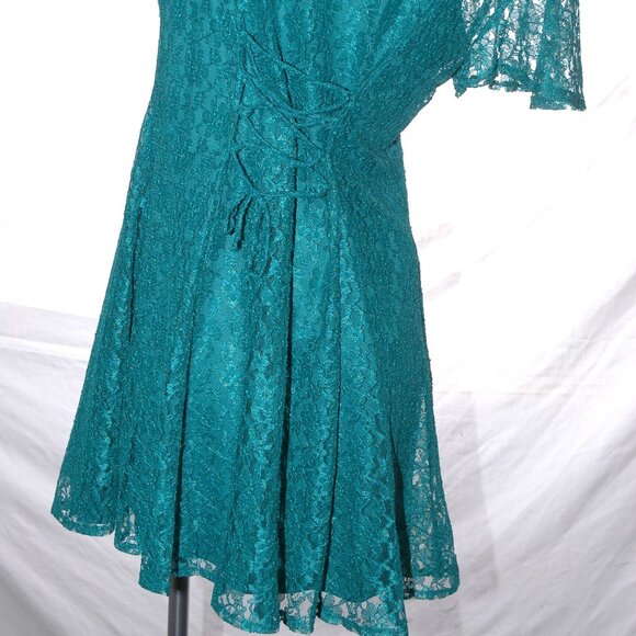 Lace DRESS & BOLERO 2 Pc. Set Vittoria Virini Teal Aqua Green Floral Vtg 80s-90s - Picture 8 of 9
